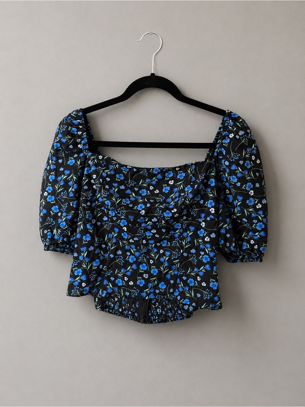 Commense Floral Puff-Sleeve Square Neck Top - Black & Blue & Mint NWT size